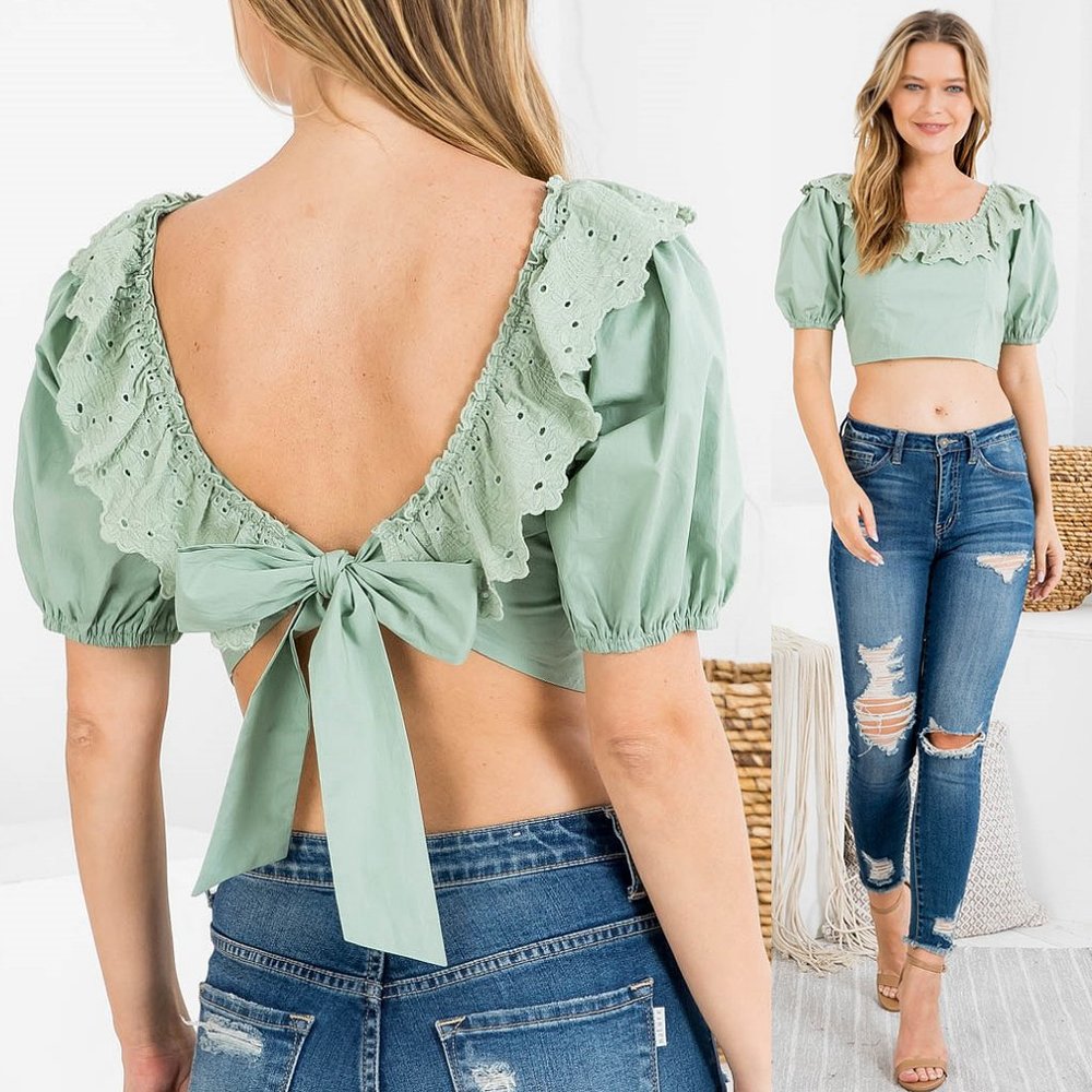 NEW Sage Moss Green 100% Cotton Eyelet Embroidered Ruffle Bow Tie Back Crop Top - Picture 1 of 9